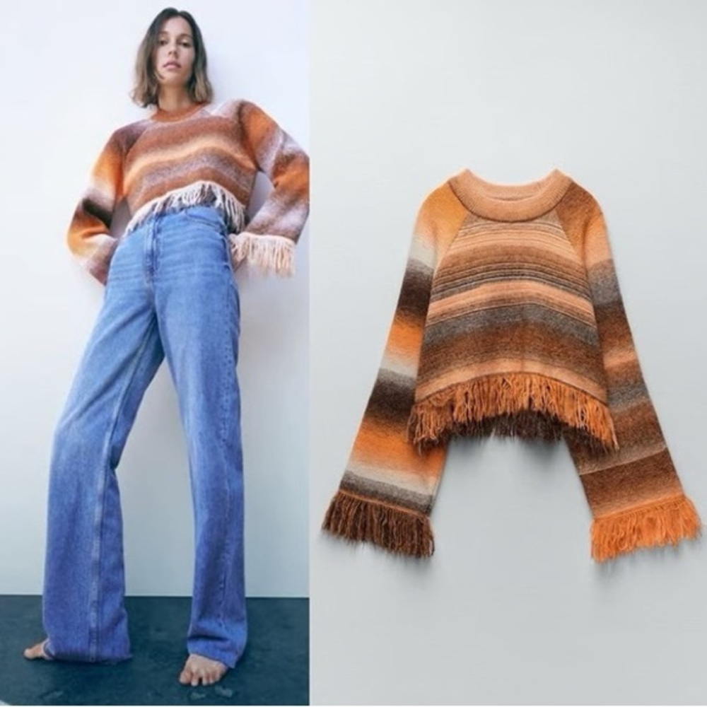 Zara Orange Brown Striped Fringe Sweater - Picture 10 of 13